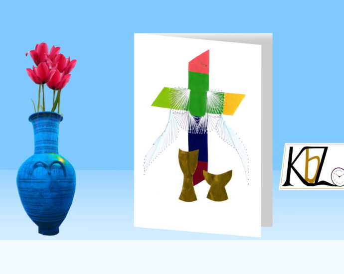 Designerkarte, Tulpen, pink, Dipylon-Amphora Vase, blau
